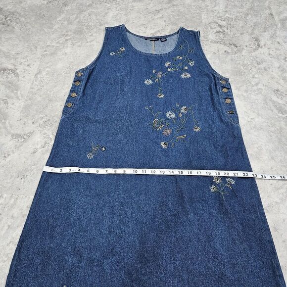 MPH Collection 90's Denim Jumper Dress Women XL Jean Floral Embroidery Beaded - Picture 8 of 12